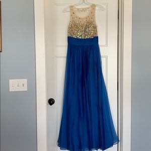 Royal blue high neck beaded prom dress